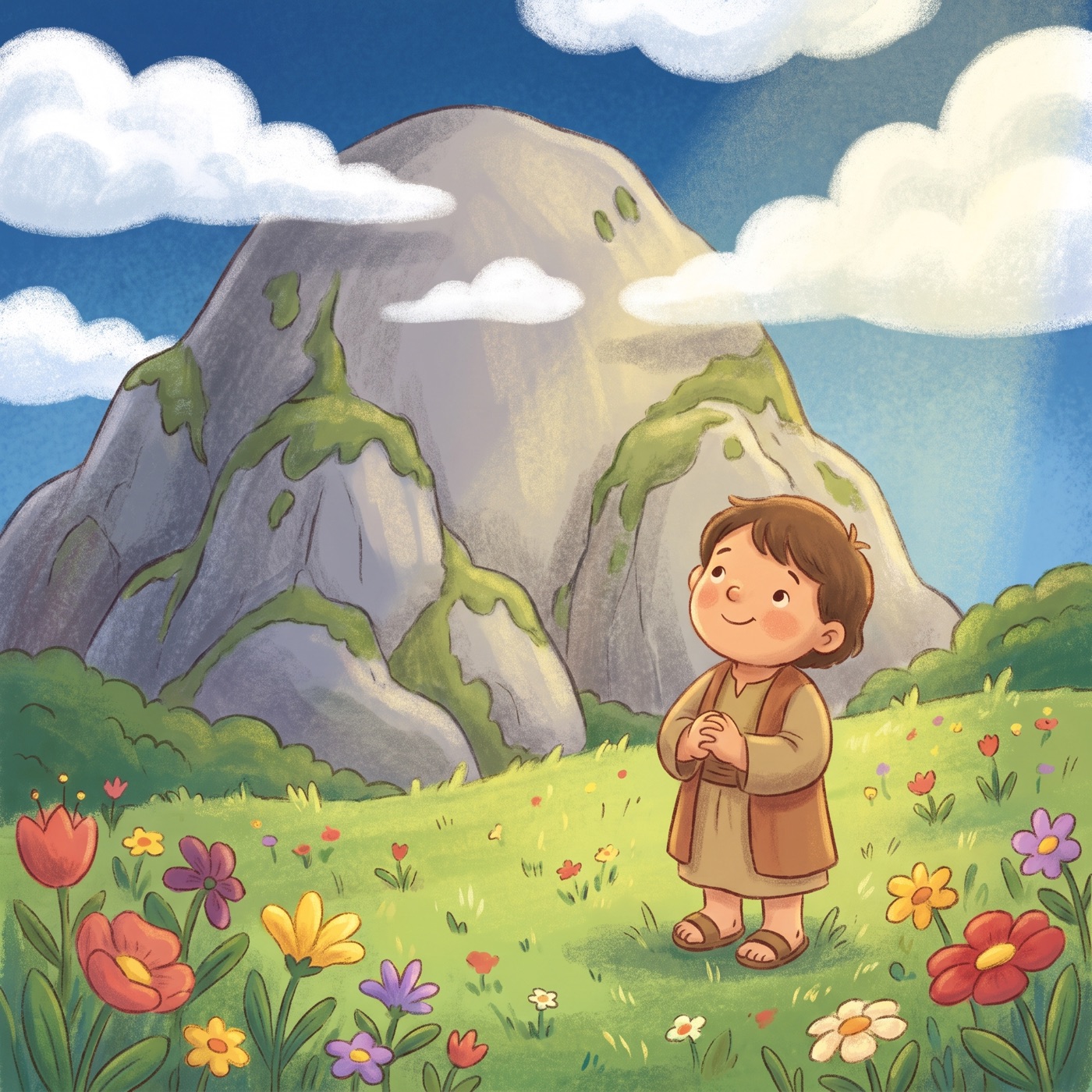 A great solid grey stone mountain standing strong and steady under a deep blue sky with white clouds, with a small happy child in modest ancient-Israel robes standing in the flowery meadow in front of it.