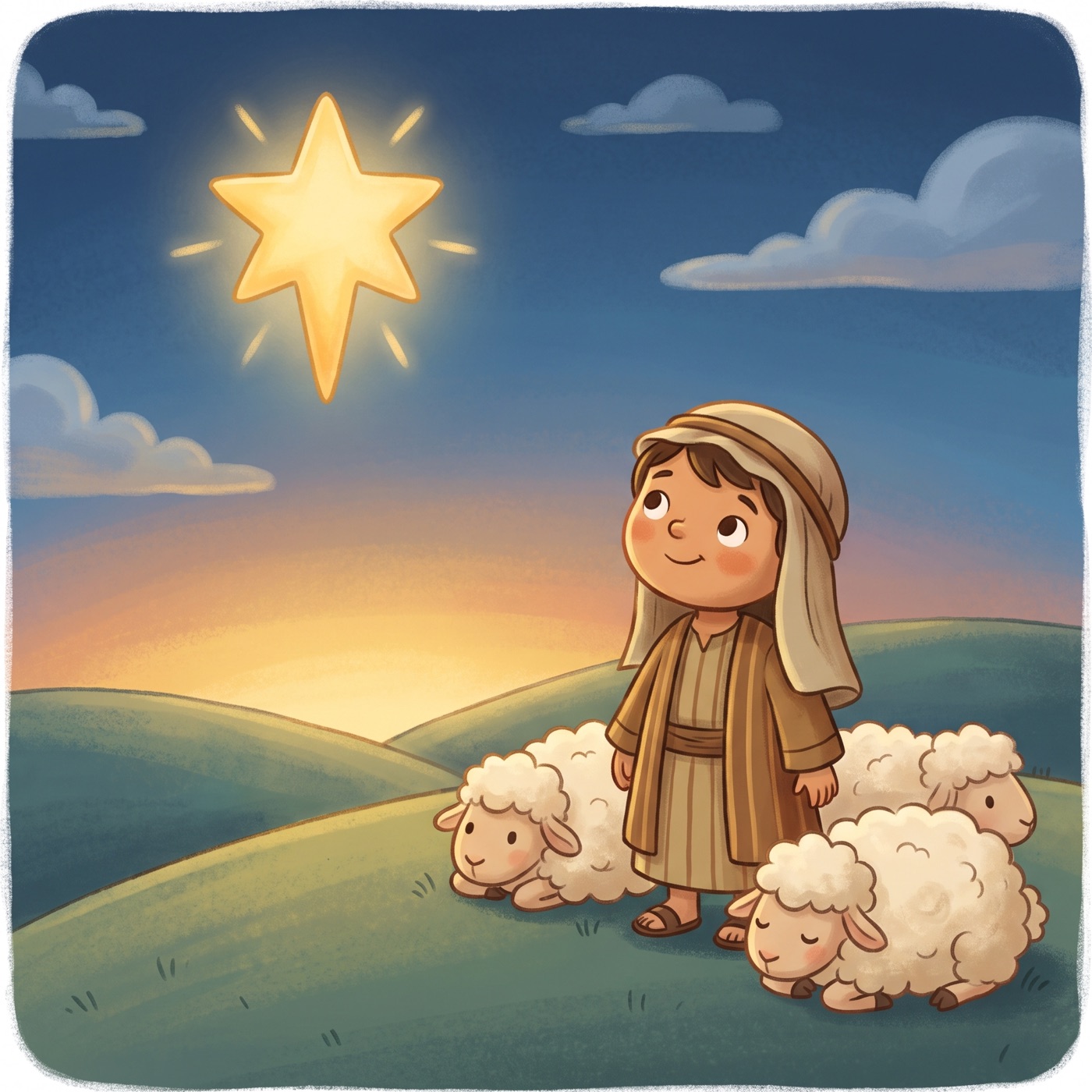 One big bright beautiful star shining in a deep blue evening sky above rolling green hills, with a small child in modest ancient-Israel robes gazing up at it in wonder and gentle sheep resting nearby.