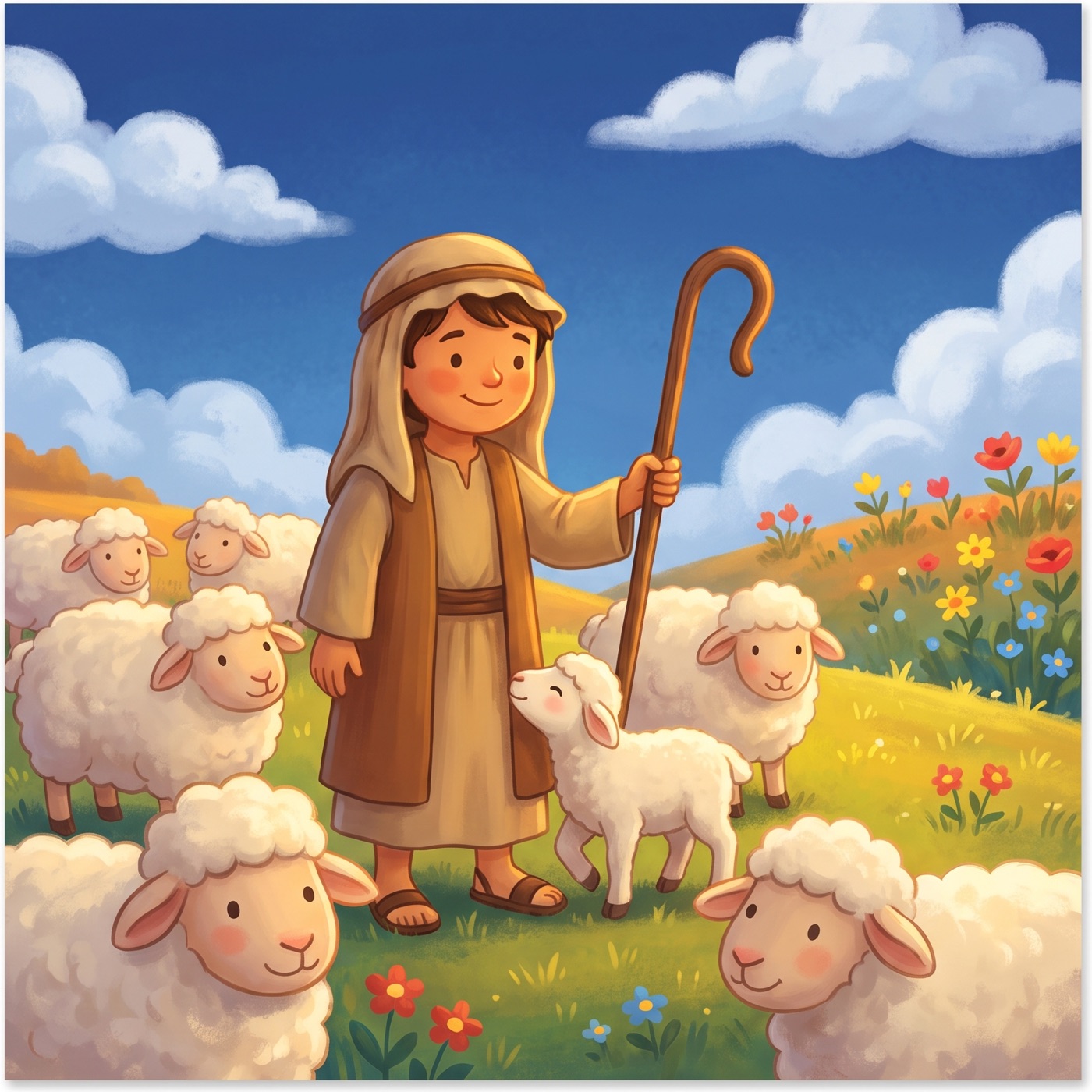 A kind young shepherd in modest ancient-Israel robes standing among a flock of fluffy white sheep on a sunny green hillside holding a wooden crook, with a small lamb nuzzling close.