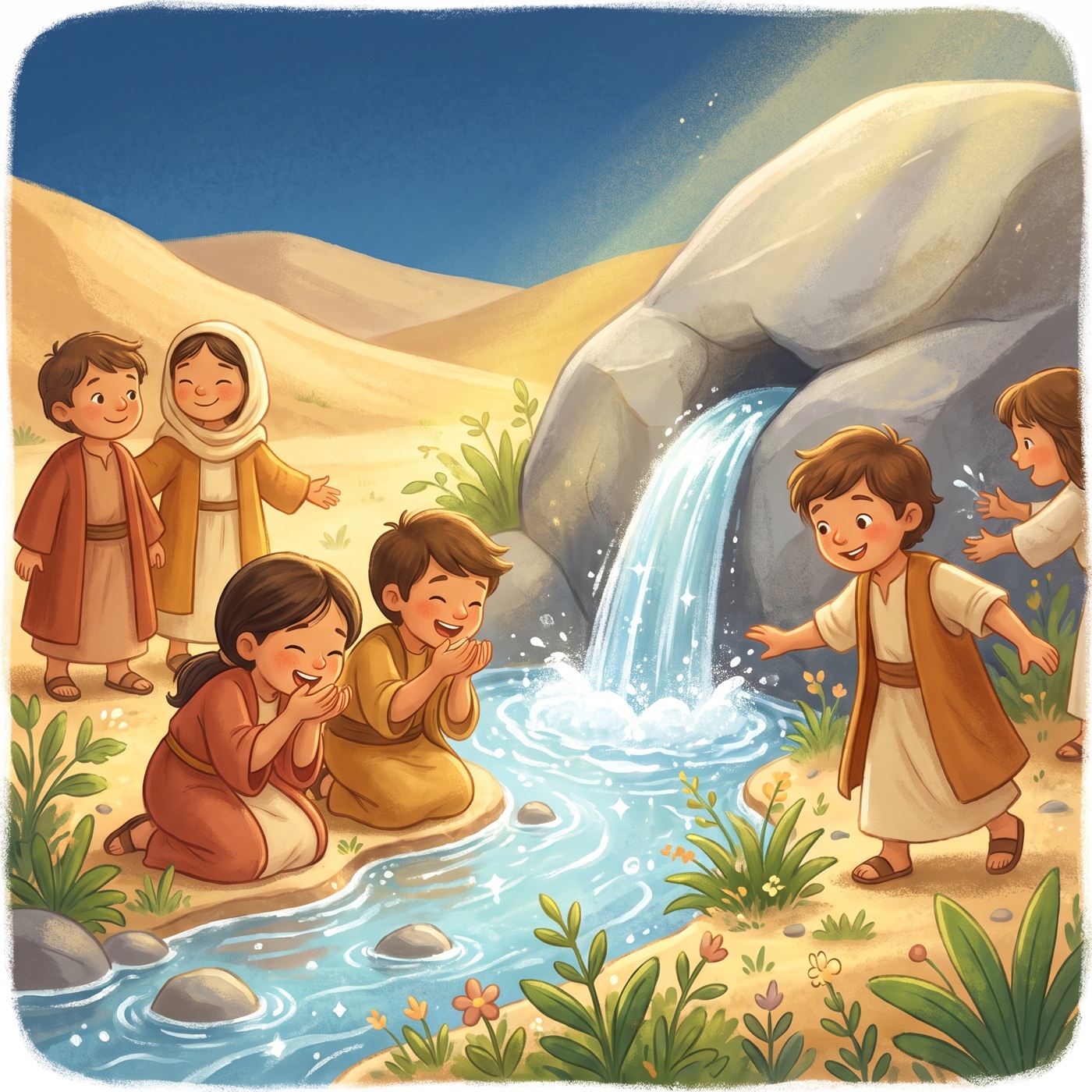 Clear sparkling water gushing out of a big grey rock in a sunny valley and forming a bright stream, with delighted children in modest ancient-Israel robes cupping their hands to drink and laughing.