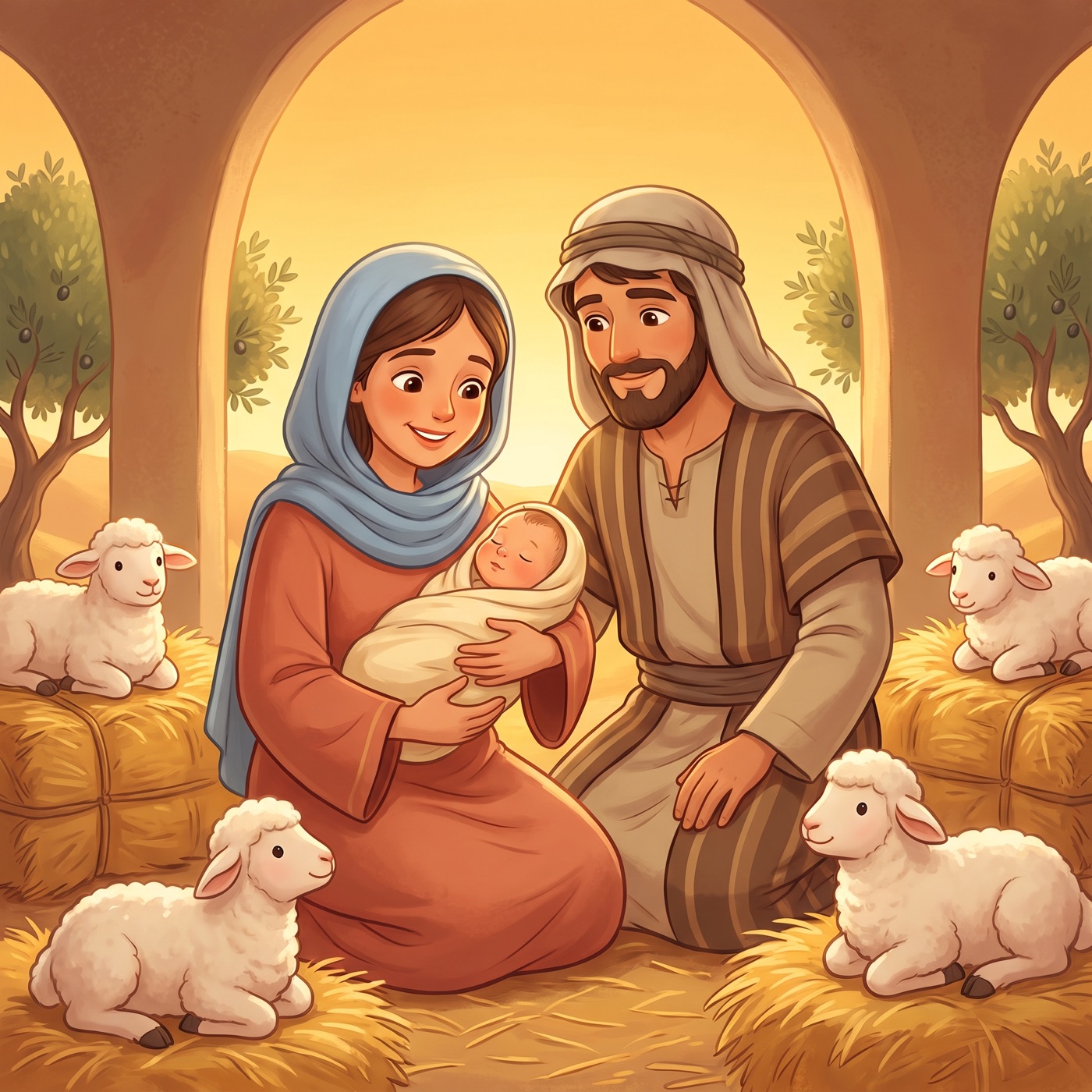 A young mother in modest ancient-Israel robes holding a newborn baby wrapped in soft cream cloth, a kind father kneeling beside them smiling, with gentle lambs resting on golden straw in warm light.