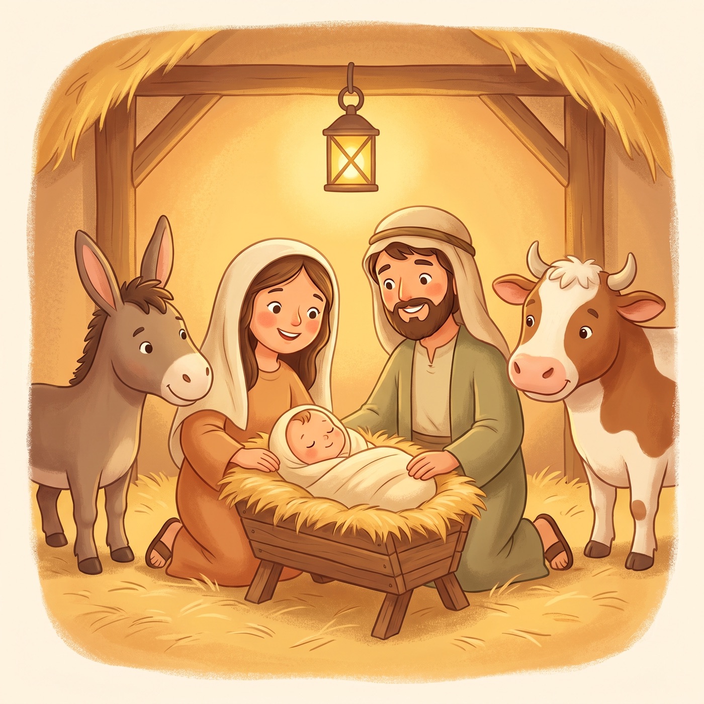 A cosy stable with a wooden manger full of soft golden straw where a newborn baby sleeps wrapped in cream cloth, a young mother and kind father kneeling close and smiling, with a gentle donkey nearby.