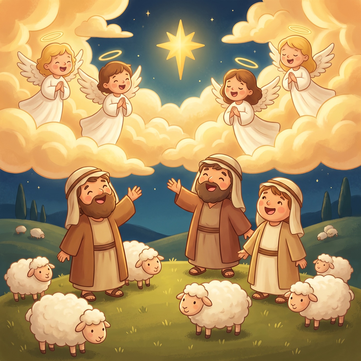 Shepherds in modest ancient-Israel robes on a green hillside at night looking up in joyful wonder at a sky full of warm golden light and gentle friendly angels singing, with woolly sheep around them.