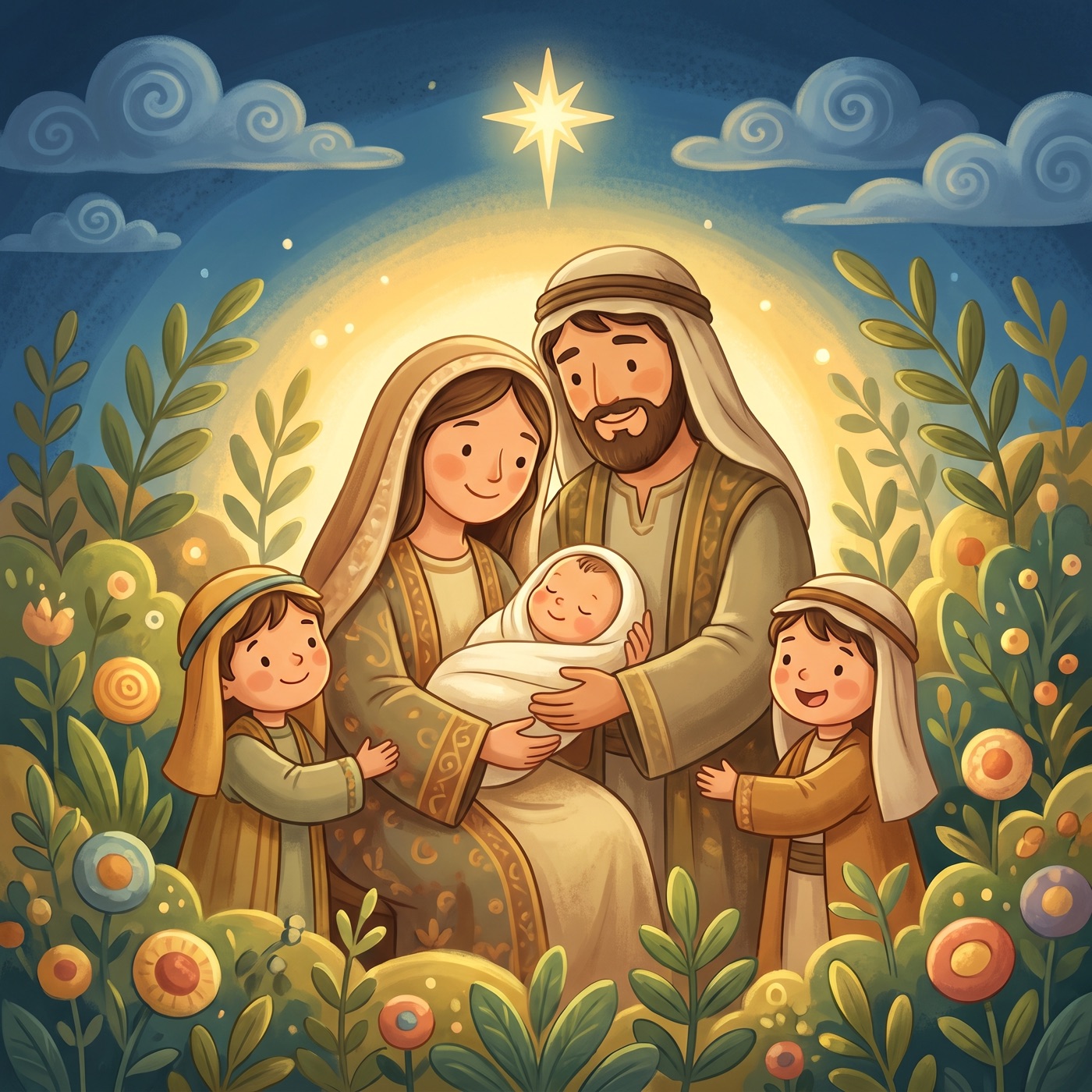 A joyful family in modest ancient-Israel robes gathered close around a newborn baby, everyone smiling with delight in warm golden light, with a bright star in the deep blue sky above.