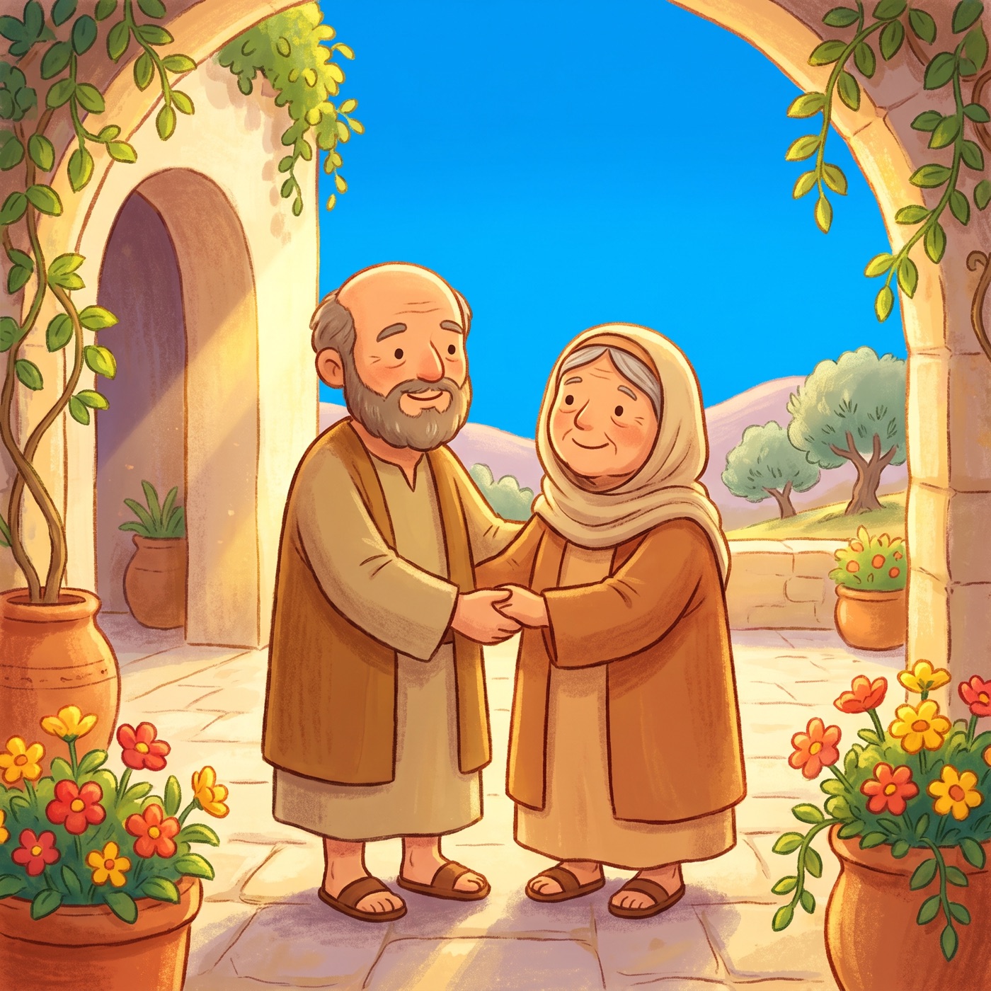 An older husband and wife in modest ancient-Israel robes standing together in a sunny courtyard holding hands and looking hopeful and patient, with potted flowers and green vines around them.