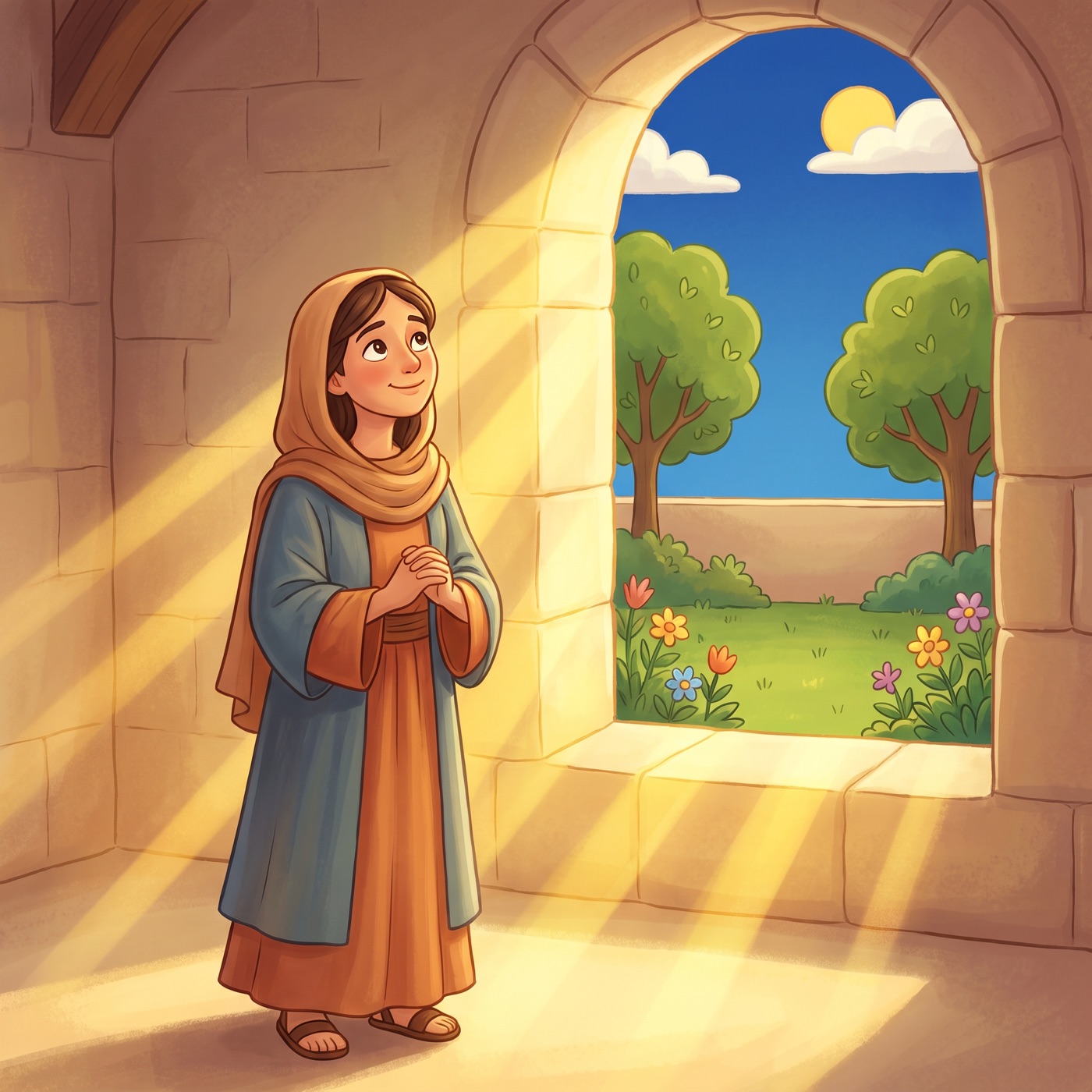 A young woman in modest ancient-Israel robes standing in a sunny room looking up in gentle wonder at warm golden light streaming through an open window, with a green garden visible outside.