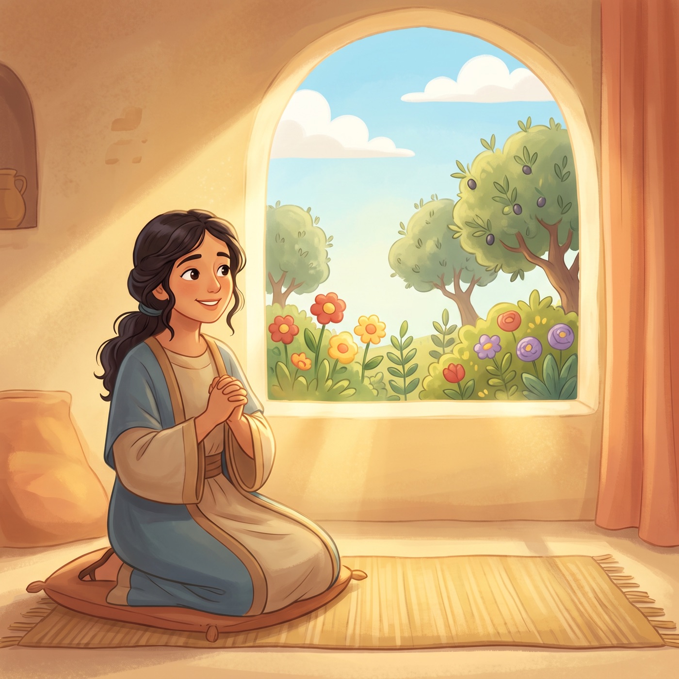 A young woman in modest ancient-Israel robes kneeling calmly with hands folded and a peaceful trusting smile in a warm sunlit room, with an open window onto a bright green garden.