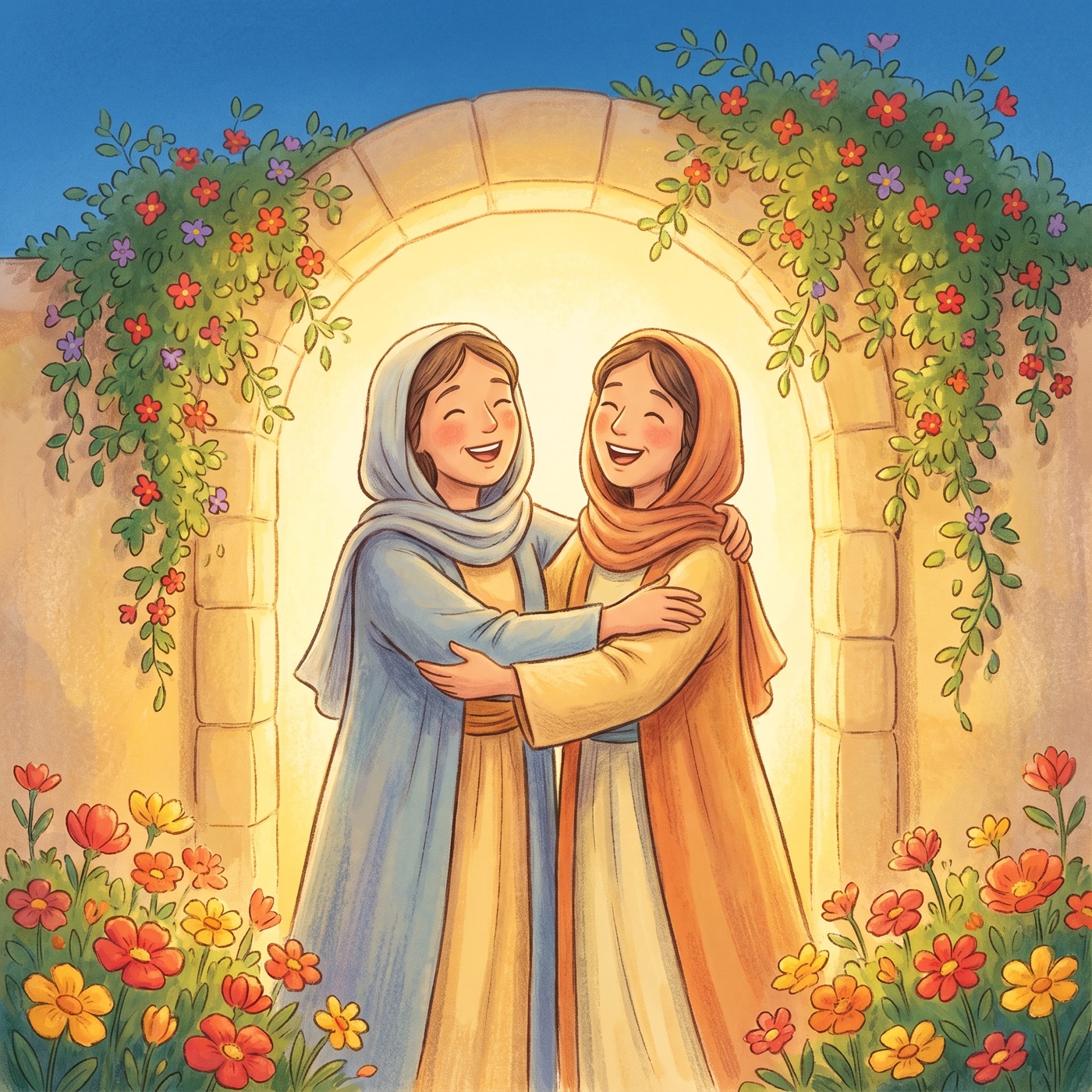 Two women in modest ancient-Israel robes greeting each other with a joyful warm hug in a sunny doorway, both laughing with delight, with flowering vines around the door.