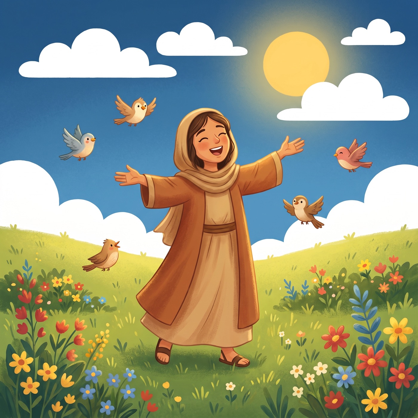 A young woman in modest ancient-Israel robes singing joyfully with her arms lifted in a sunny green meadow, head tilted back happily, with songbirds flying around her.