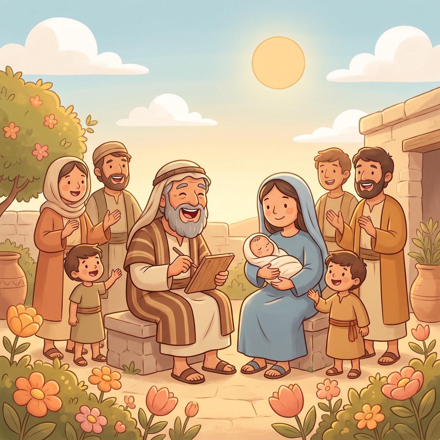 An older man in an everyday striped tunic and cloth head wrap writing on a small wooden tablet with a delighted amazed smile while his wife holds their newborn baby, with friends smiling around them.