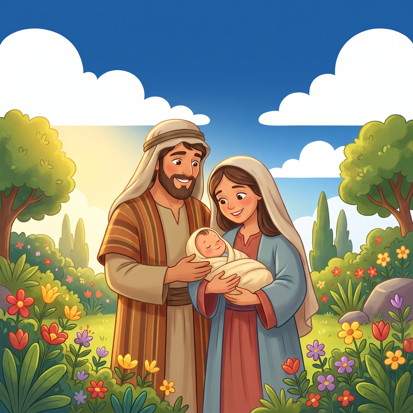 A kind father in an everyday striped tunic and cloth head wrap and a young mother in modest ancient-Israel robes standing together looking down tenderly at their newborn baby in her arms, both smiling.